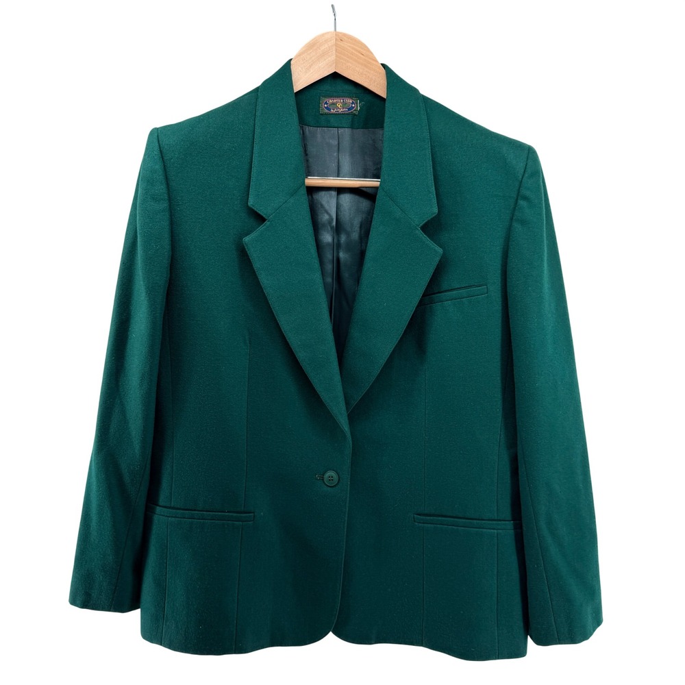 Charter Club Jane Justin Vintage Hunter Green Wool Blazer Jacket Made in‎ USA L